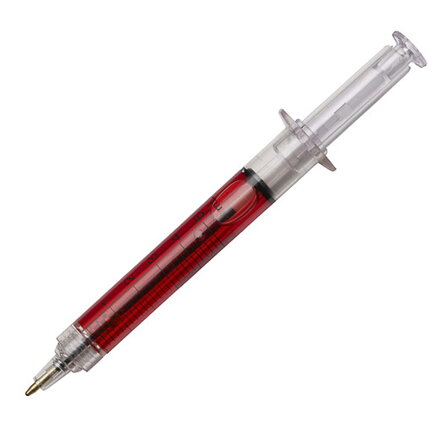 Kuličkové pero ve tvaru injekční stříkačky, červená