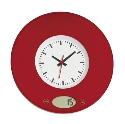 Kuchyňská digitální váha s analogovými hodinami, červená