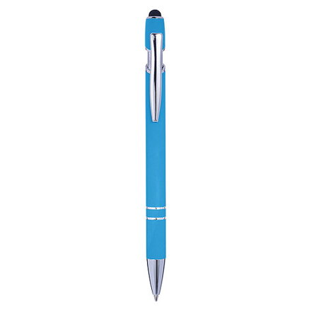 KARIOLO Kovové kuličkové pero s pogumovaným povrchem a stylusem, modrá náplň, světle modré